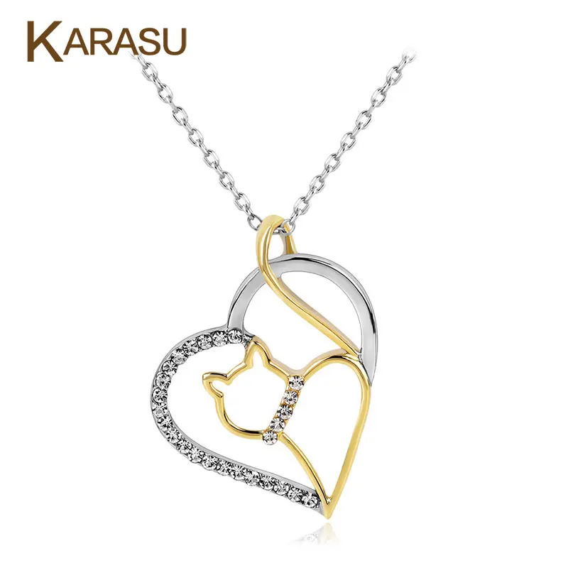 Double Colors Lovely Cats Necklaces Rhinestones Hollow Long Chain