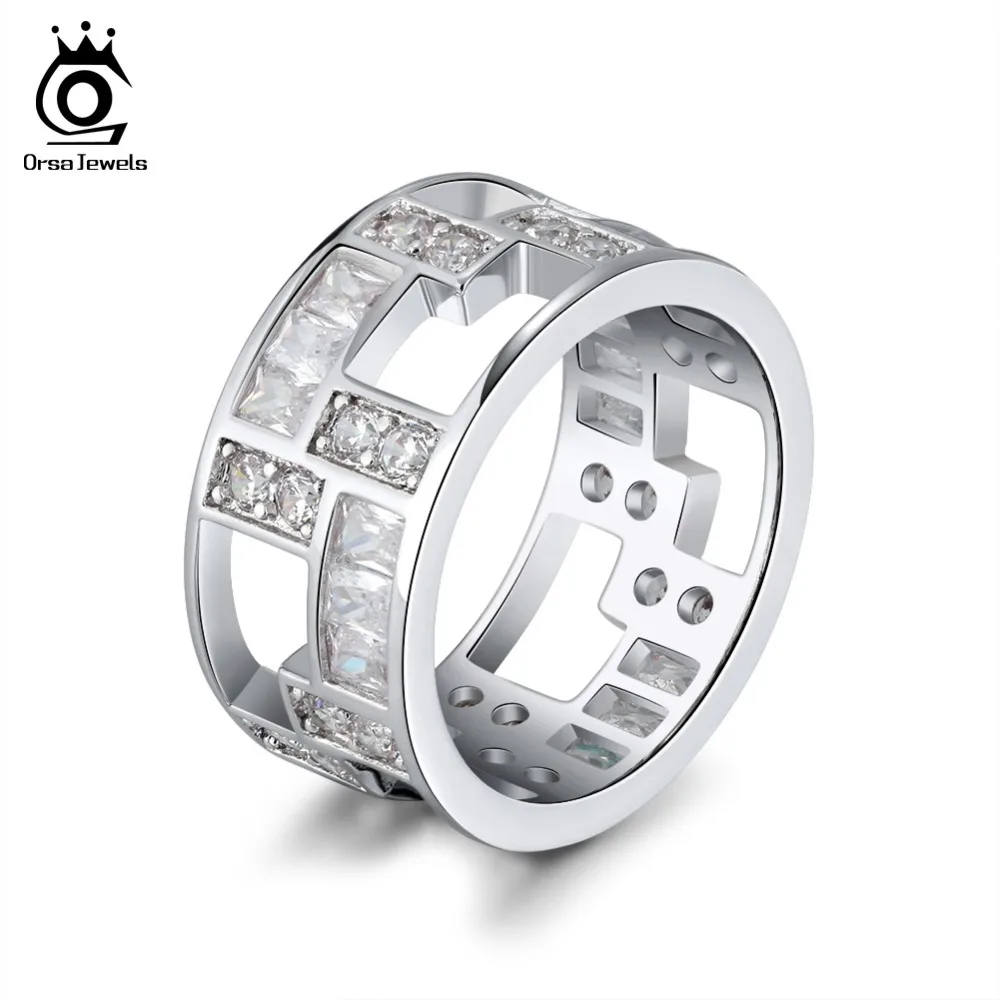 ORSA JEWELS Men Women Rings Unisex Original Tetris Pattern Hollowed AAA CZ Silver Color Cocktail Ring Female Gift Jewelry OR172