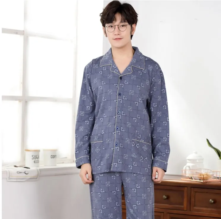 Plus Size M-4XL Full Cotton Pajama Sets for Men Geometric Print Winter Long Sleeve Cardigan Pyjama Homewear Loungewear Clothes mens satin pajama set Pajama Sets