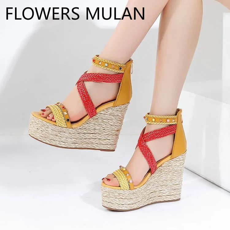 

Mixed Color Platform Sandals Women One Buckle Peep Toe Zapatos De Mujer Cover Heels Super High Wedges Heel Summer Shoes Woman