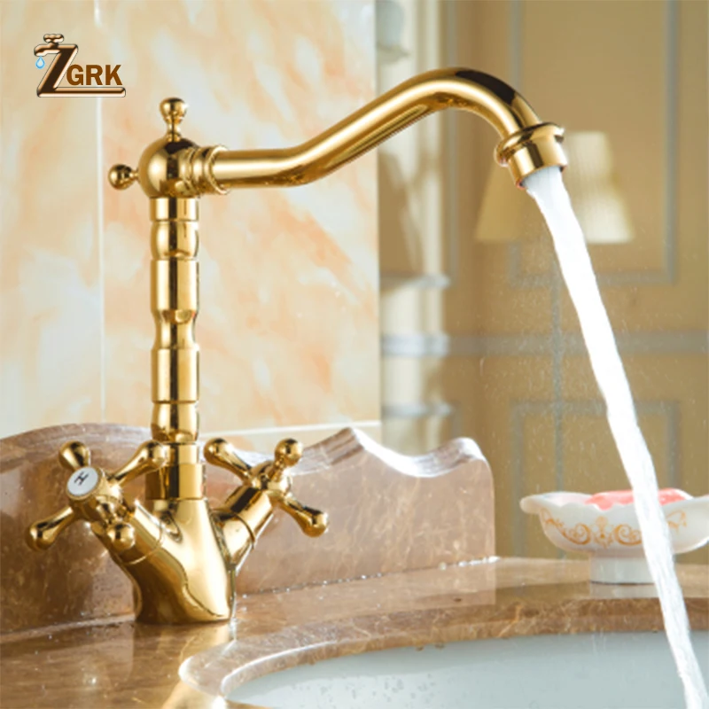 

ZGRK Cold and Hot Water Faucet Bathroom Golden Deck Mounted Water Taps Dual Handle Sink Mixer Washbasin Taps