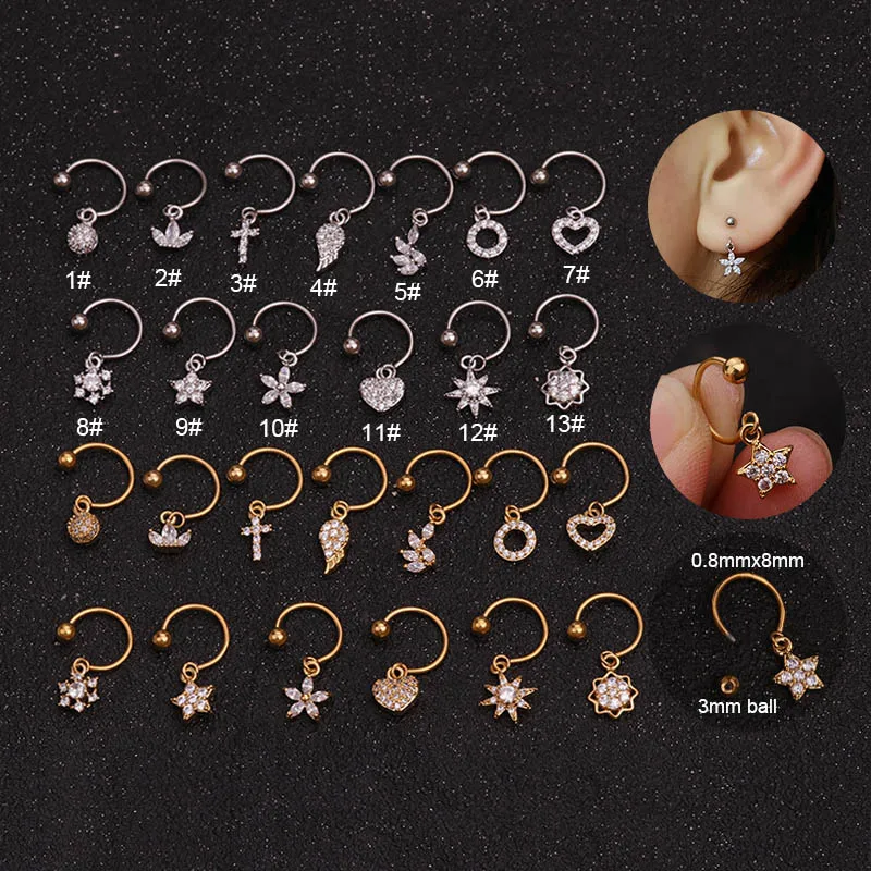 

Sellsets 1PC 20g Stainless Steel Horseshoe Ring With Tiny Cz Pendant Helix Piercing Jewelry Cartilage Rook Lobe Earring