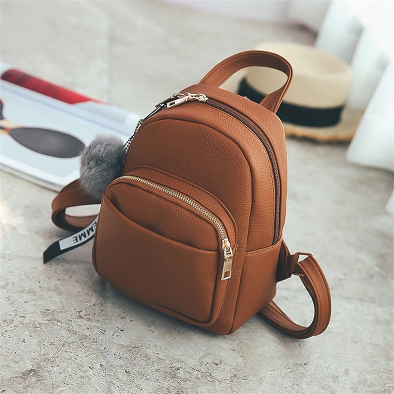 

JIULIN Female Soft PU Leather Mini Backpacks Students Fuzzy Ball Pendant Shoulder Schoolbags Women Fashion Small Travel Bags