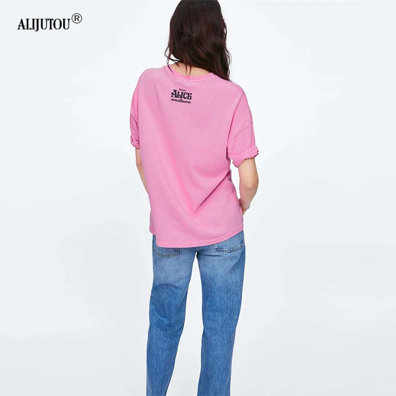 Alice In Wonderland Pink T-Shirt Women Zaraing Fashion Casual Cartoon Cheshire Cat Print Short Sleeve Tshirt Femme Graphic Tee