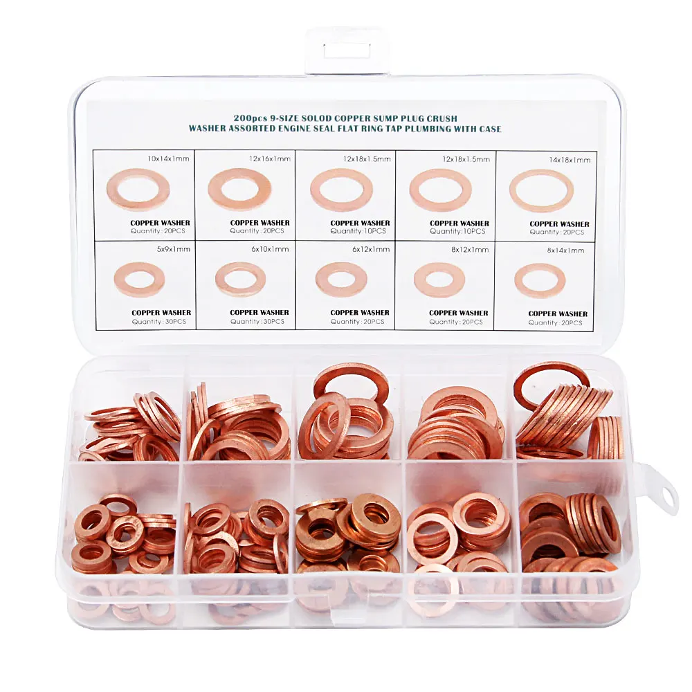 

200pcs 9 Sizes Copper Washer Gasket Set Flat Ring Seal Kit Set with Plastic Box M5/M6/M8/M10/M12/M14 for Generators Machinery