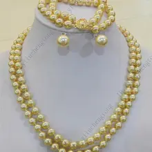 Природный жемчуг ювелирные изделия 2 Ряда Золото 8 мм Sea Shell Жемчужное Ожерелье Браслет, 12 ММ БОЛЬШИЕ Серьги 18 ''7.5'' ААА Свадебный серебряный крюк