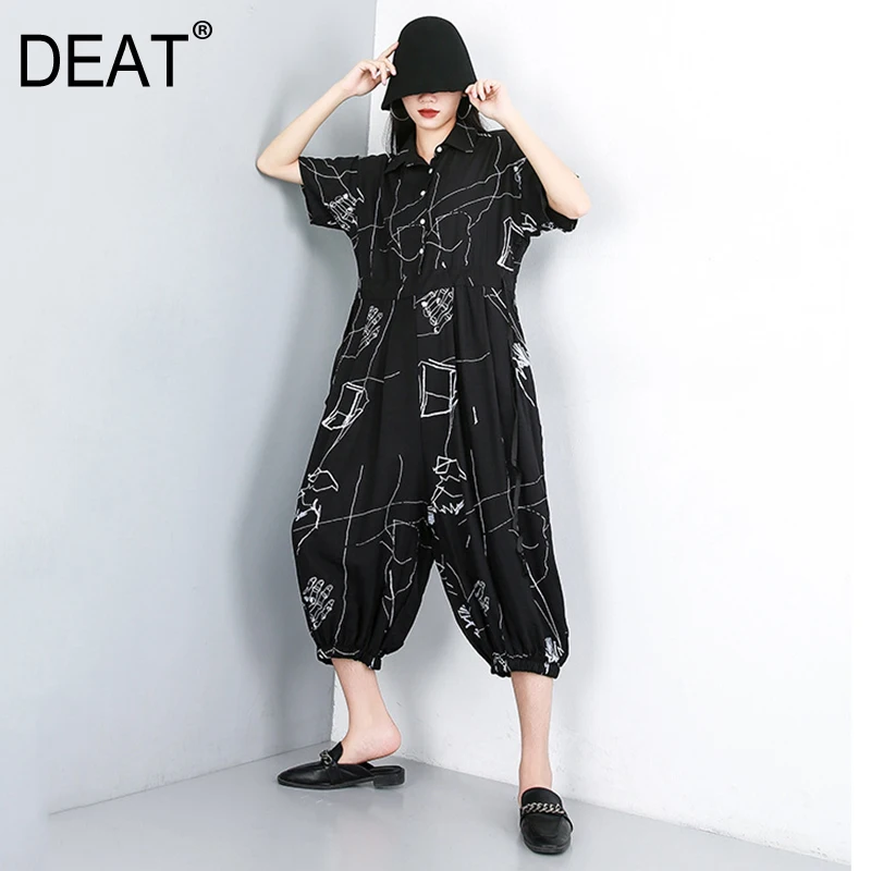 

[DEAT] 2019 New Spring Summer High Waist Pocket Stitch Pattern Printed Loose Wide Leg Pants Women Jumpsuit Fashion Tide JW92