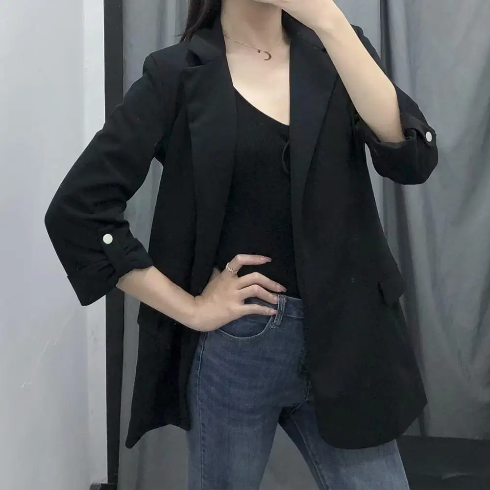 

Stylish Autumn Casual Black Blazer women formal top pockets Buttonless outerwear office lady leisure concise coat blazer femme