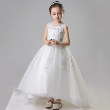 

Lace Applique Sleeveless Communion Dresses Children Wedding Pageant Sweet Mesh Trailing Dress Beads Flower Girl Prom Gowns