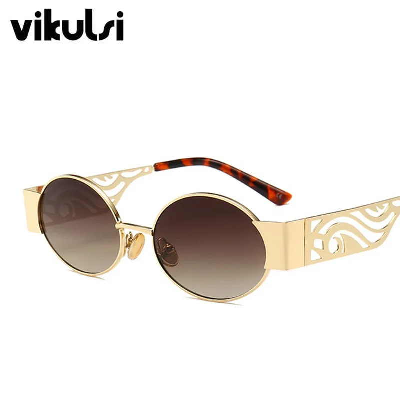 Овальные Солнцезащитные очки в стиле стимпанк с резным дизайном, металлические солнцезащитные очки в стиле панк для женщин и мужчин, круглые солнцезащитные очки в стиле ретро - Цвет линз: D774 C3 brown