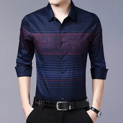 MIACAWOR, новинка, мужские рубашки, британский стиль, полосатая рубашка, приталенная рубашка с длинным рукавом, Camisa Masculina, мужская одежда C466 - Цвет: dark blue