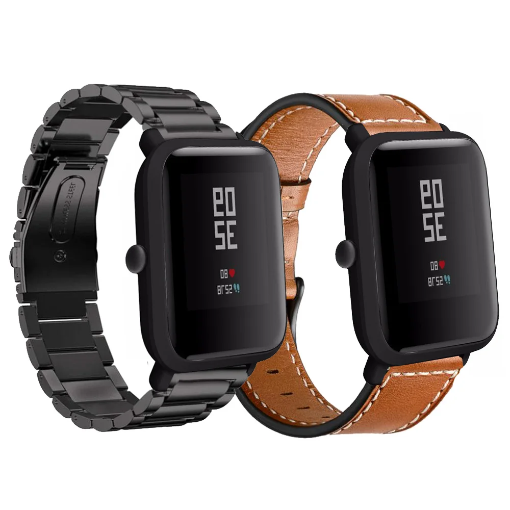 2в1 для Huami Amazfit Bip умный браслет из нержавеющей стали+ кожаный ремешок для Xiaomi Amazfit Bip Молодежные часы - Цвет: 1
