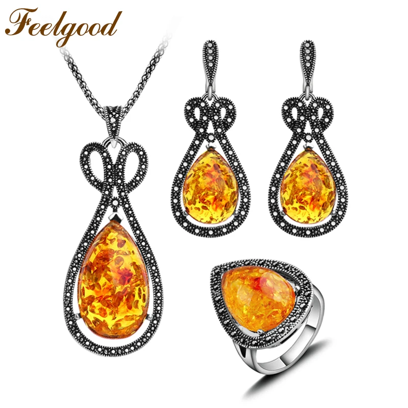 Feelgood Antique Silver Color Ethnic Jewelry Sets Big Long Water Drop Pendant Necklace Earrings Ring Fashion Women Party Gift | Украшения и