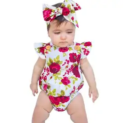 Лето 2017 г. Одежда для малышек без рукавов для малышей с цветочным принтом Топы корректирующие ползунки + цветок руководитель группы Одежда