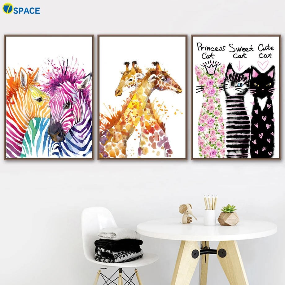 

Watercolor Zebra Giraffe Cat Nordic Posters And Prints Wall Art Canvas Painting Decoration Pictures For Baby Girl Boy Room Decor