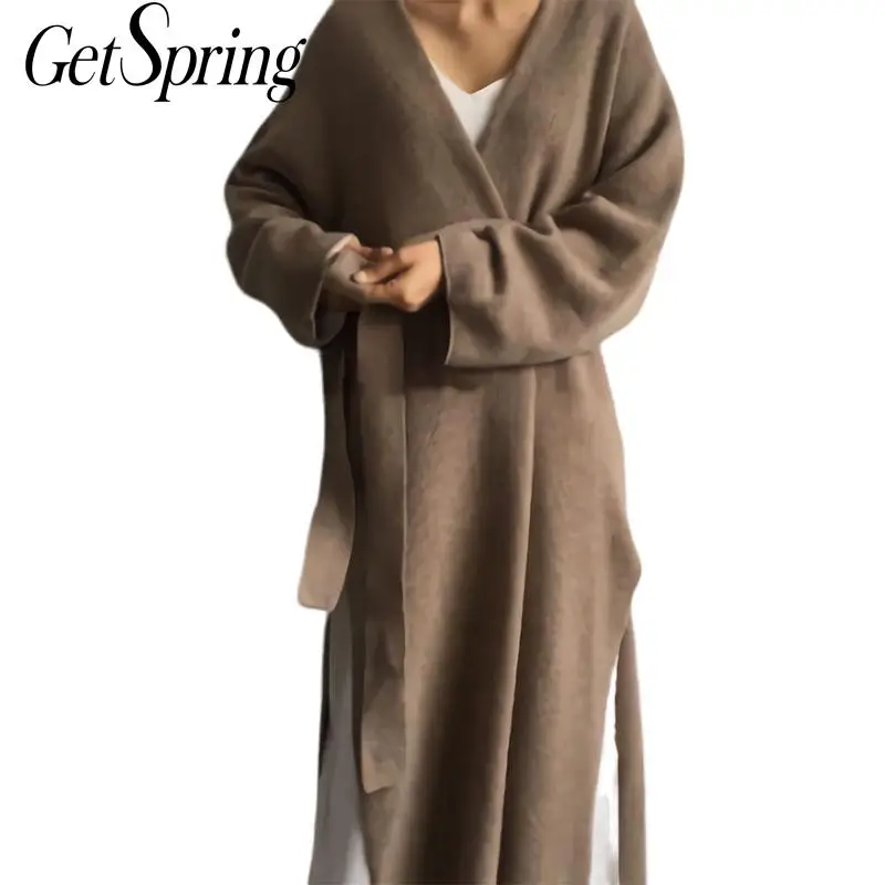 

GETSPRING Women Sweater V-Neck Split Bandage Sweater Coat Long Sleeve Irregular Black Womens Cardigan Long Sleeve 2019 Fashion