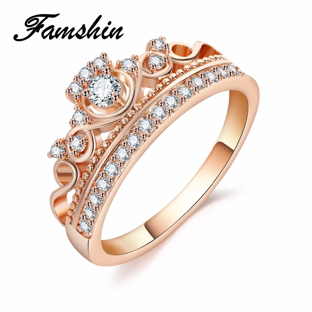 

FAMSHIN Queen's Rose Gold Silver Color Crown Rings For Women Zircon Jewellery Love Rings Femme Bijoux wedding engagement rings