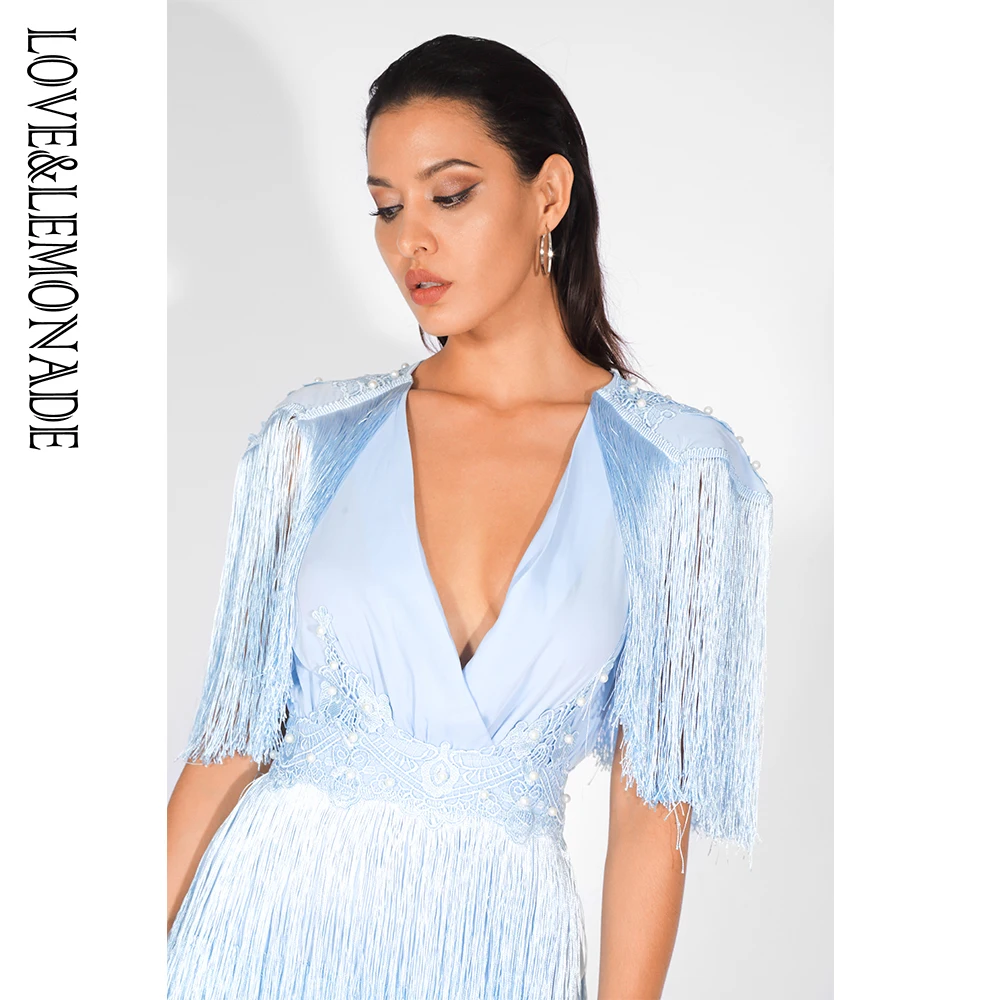 

Love&Lemonade V-Neck Tassel Open Back Lace Beading Decoration Dress LM81402SKYBLUE