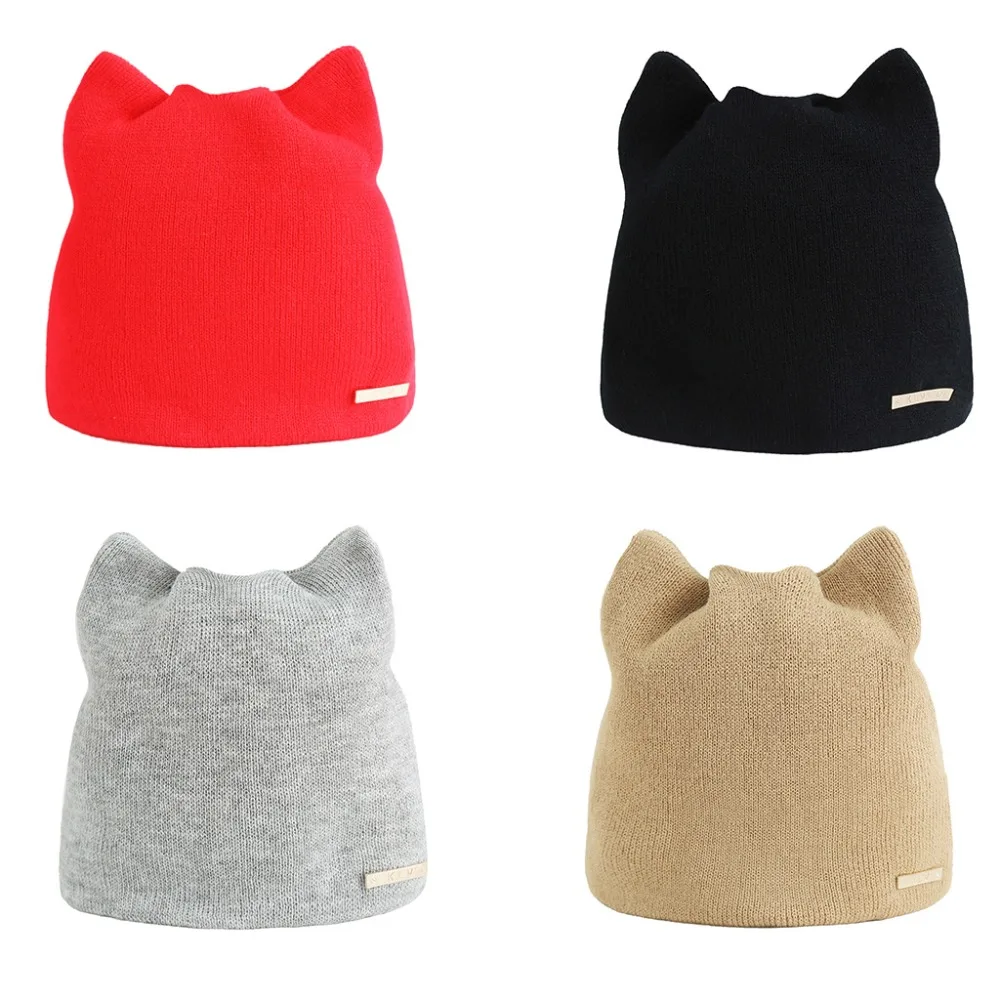 

Women Knitted Crochet Solid Color Beanie Cap Cute Cat Ears Acrylic Fiber Ski Hat