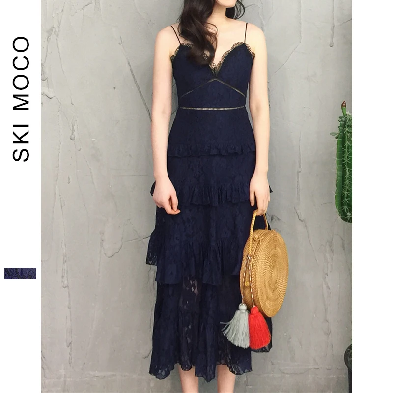 Runway Dress Navy Blue Spaghetti Strap Wedding Party Sexy V-Neck Hollow Out Lace Long Sleeve Maxi Cake Dress