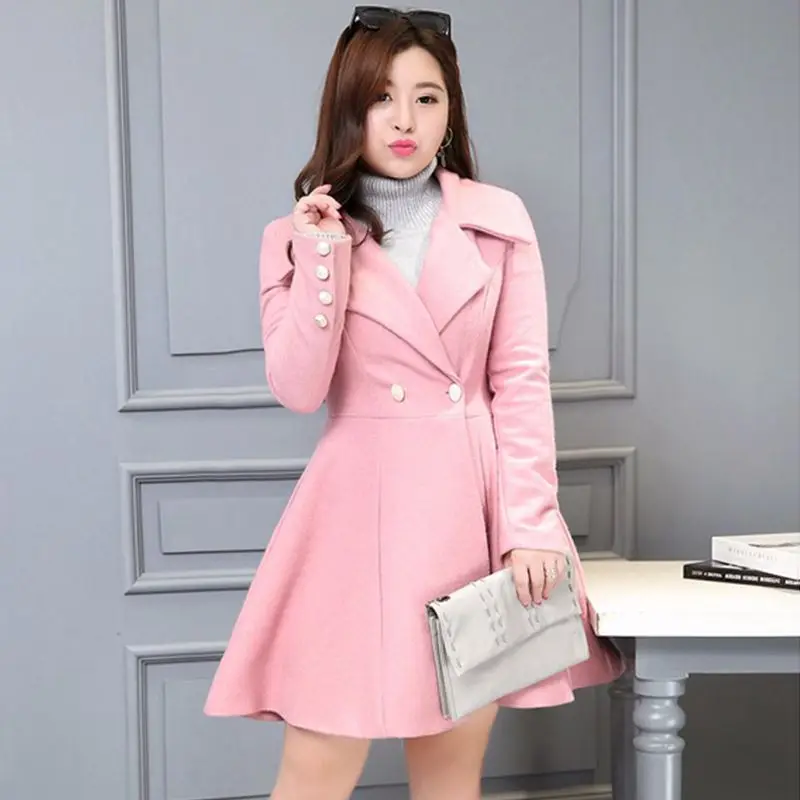 CHICY Women Woolen Trench Coat 2016 Autumn Winter Solid Color Turn Down Collar Long Sleeve Fashion