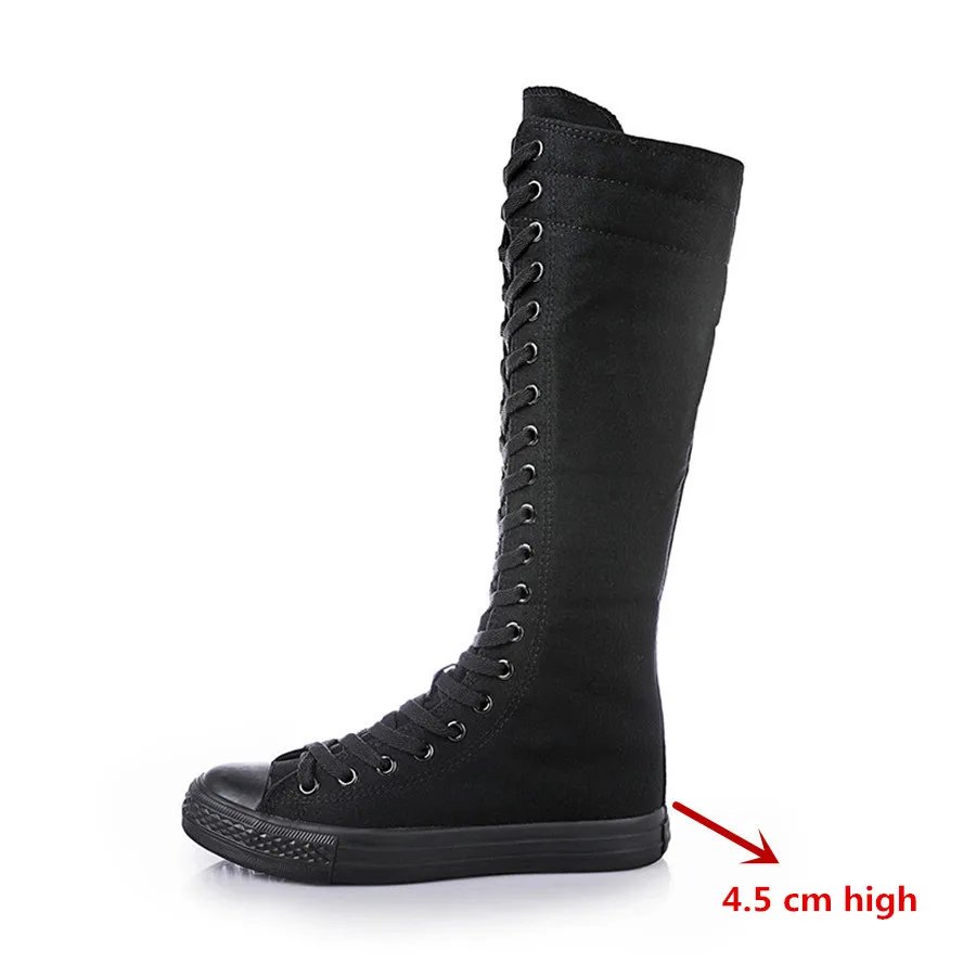 Г. Новые Модные женские высокие ботинки на молнии и шнуровке демисезонные повседневные парусиновые ботинки с высоким голенищем на плоской подошве Большие размеры 34-43 - Цвет: 4.5 cm high black