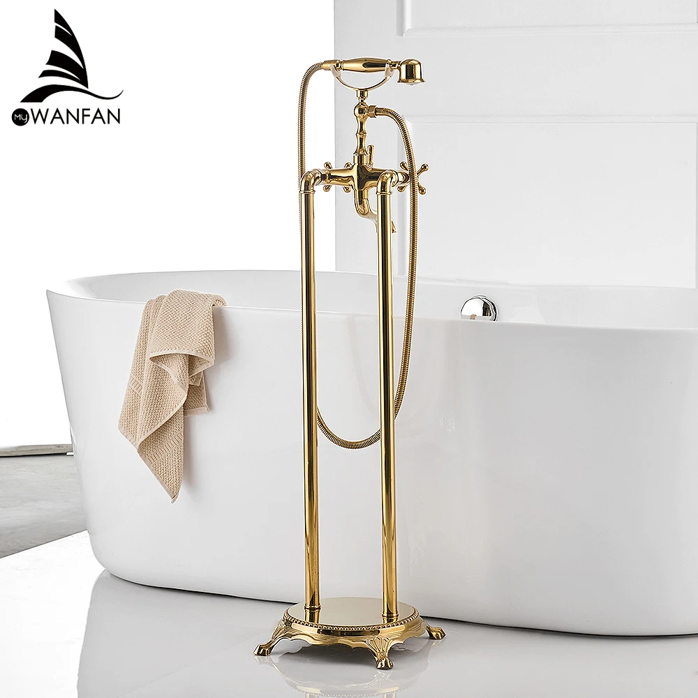 Смесители для ванной роскошный золотой Латунный смеситель дождь для ванной комнаты ручной евро напольный стенд телефон для ванной смеситель для душа WF-5021K