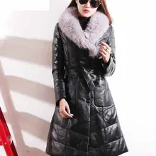 Высококачественное женское пуховое пальто из натуральной овечьей кожи с большим натуральным лисьим меховым воротником, теплая куртка-парка, черный xxxxl 4xl