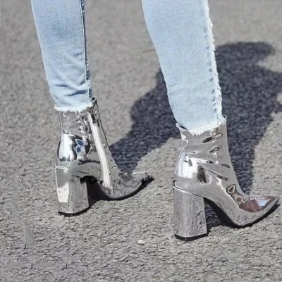 Mi mollet Solide Bottes Ravrry En Courte Chunky Gold Verni Pompes Bling sliver Talon Pointu Bout Cuir Boucle Botte Rfwf5qWExd