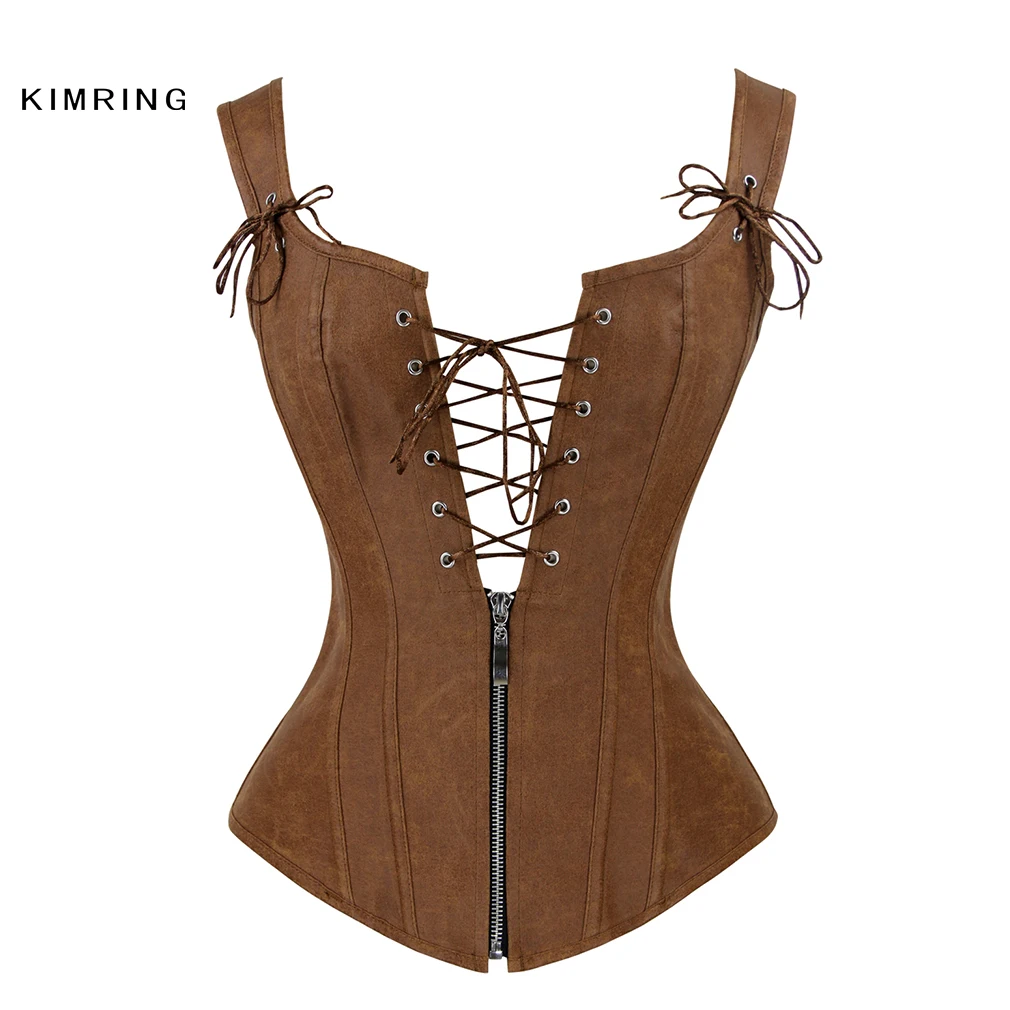 

Kimring Sexy Steampunk Corset Retro Faux Leather Brown Corset Overbust Lace Up Back Vest Corset Body Shaper Corselet for Women