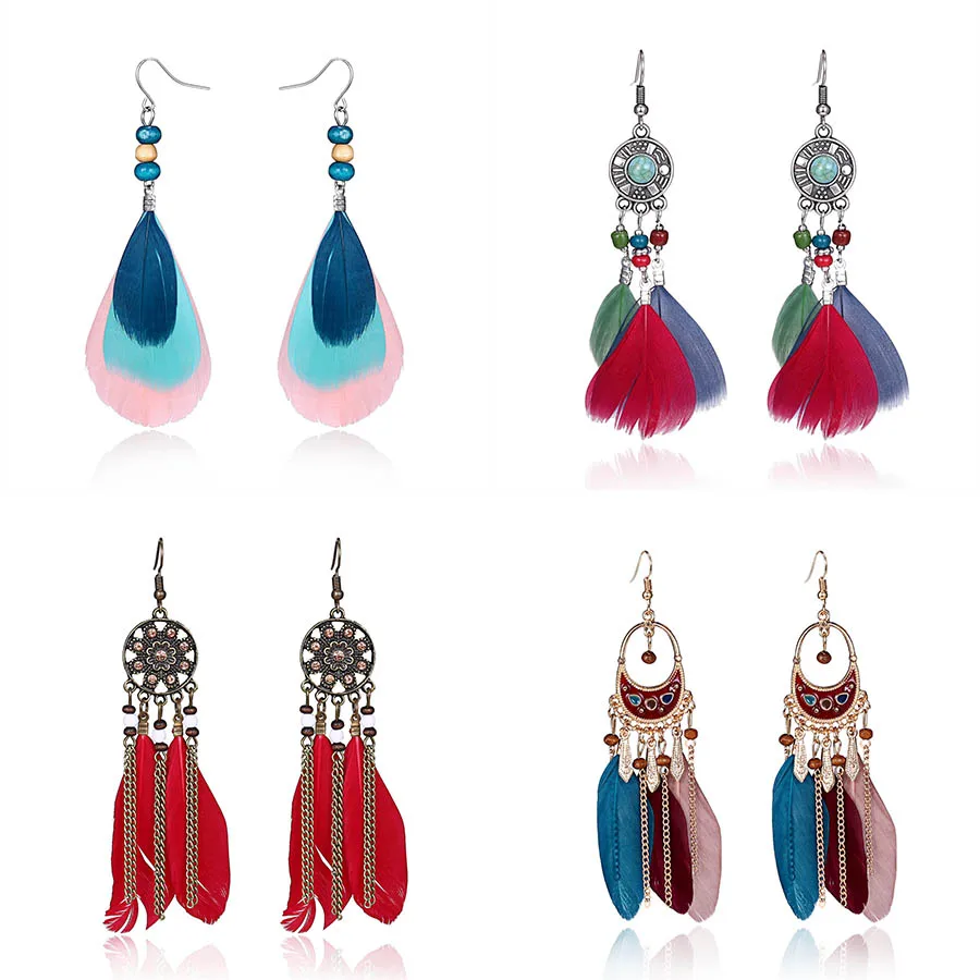 

Vintage Ethnic Feather Dangle Earrings Flower Beads Rhinestone Tassel Pendant Drop Earrings Women Earrings Brincos Female Gifts
