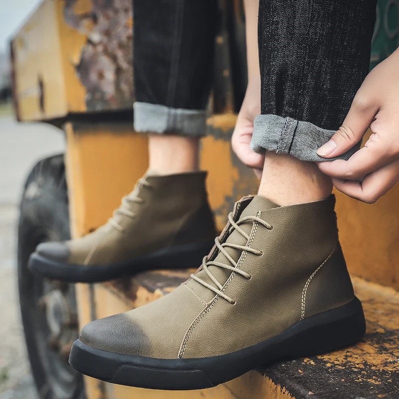 

Vintage Fashion Men's Chelsea Boots Autumn Winter Cowhide Leisure Shoes Round Toe Split Leather Ankle Boot Lace-up Work Shoes
