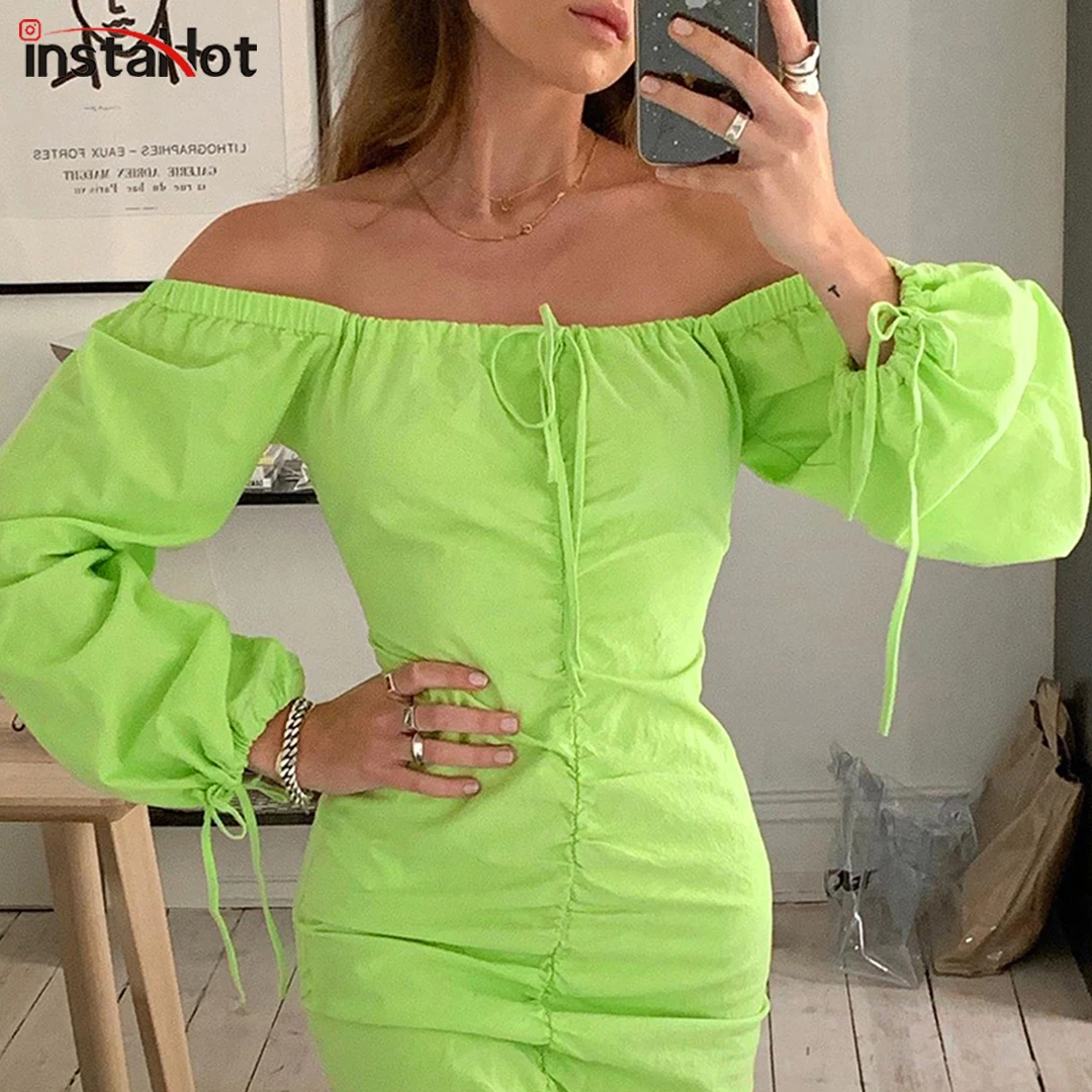 

InstaHot Bardot Off Shoulder Puff Sleeve Dress Women Summer High Waist Staight Casual Vintage Sweet Ruched Bohemian Dresses