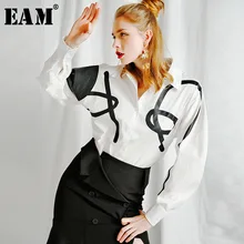 [EAM] Новинка, Осень-зима, с отворотом, длинный рукав, большие плечи, белая, свободная, с рисунком, свободная рубашка, женская блузка, мода JI435