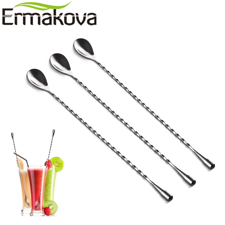 ERMAKOVA Set of 3 Bar Spoon Cocktail Stick Spiral Mixing Spoon Long Handle Cocktail Shaker