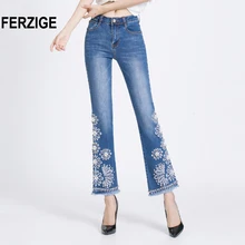 FERZIGE Джинсы женские летние тонкие стрейч вышитые расклешенные колокольчики Длина по щиколотку брюки ручной работы бисер светильник синий элегантный для девушек