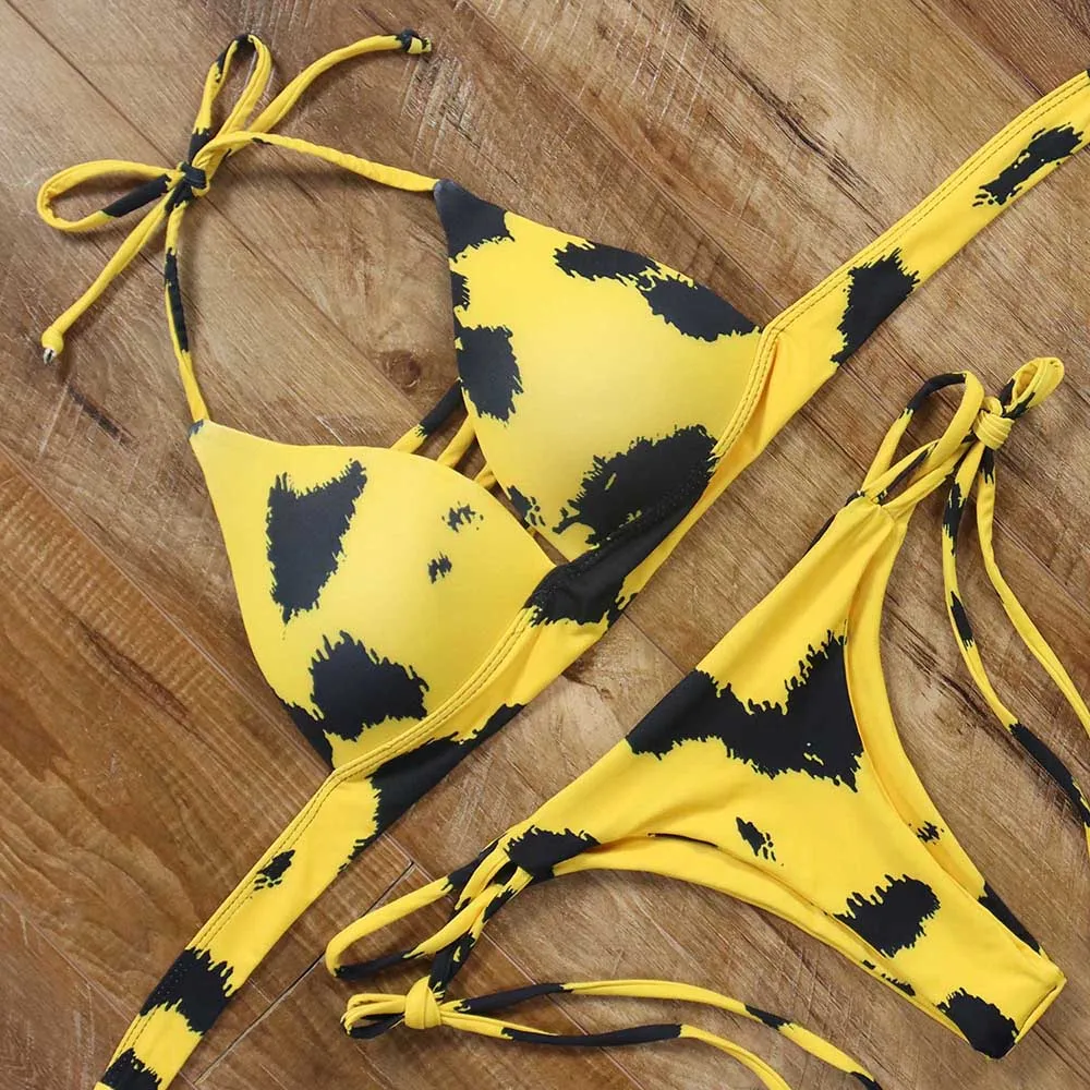 

bandage halter bikini animal printed leopard bikini set strappy brazilian thong swimsuit women sexy push up swimwear 2019 female