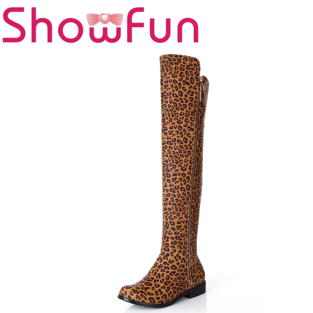 

Showfun genuine leather shoes woman winter solid over-the-knee round toe zipper short plush square heel boots