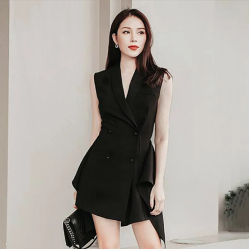 

[EWQ]2019 Spring Summer New Pattern Concise Temperament Grace Deep V Lead Self-cultivation Both Row Buckle Irregular Dress AD156