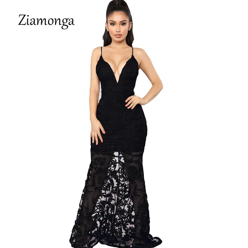 Ziamonga облегающее платье без рукавов Для женщин Элегантный Вечеринка пикантные ужин кружево Макси платья сетки видеть с - Цвет: Black
