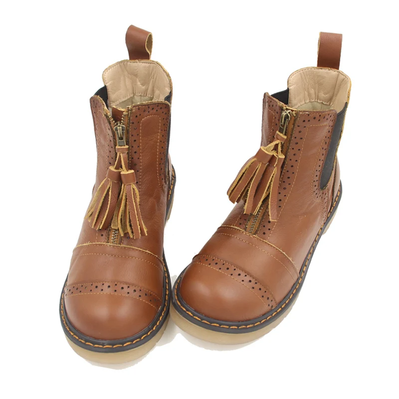 Retro Trendy Womens Comfort Real Leather Martin Boots Girls Round Toe Tassel Brogue Oxfords Flat Ankle Boots