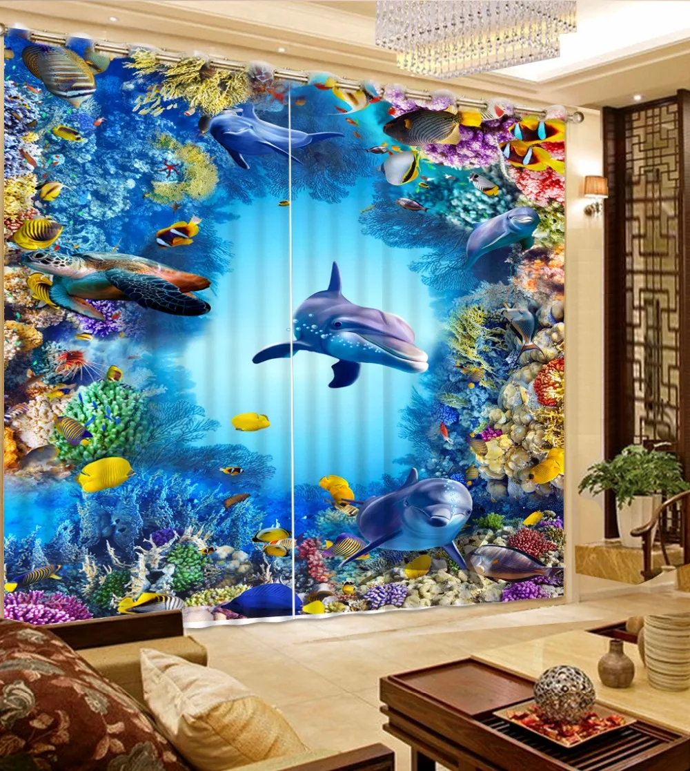 Us 48 0 60 Off Short Curtains For Kitchen Customize 3d Curtains For Bedroom Underwater World Dolphins 3d Blackout Curtains In Curtains From Home