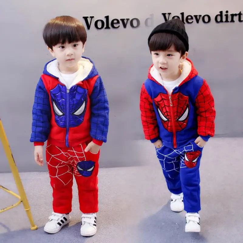Новинка года; карнавальный костюм с рисунком детская одежда с человеком-пауком зимний костюм для мальчиков Детский утепленный бархатный suit1-5T с капюшоном - Цвет: Синий