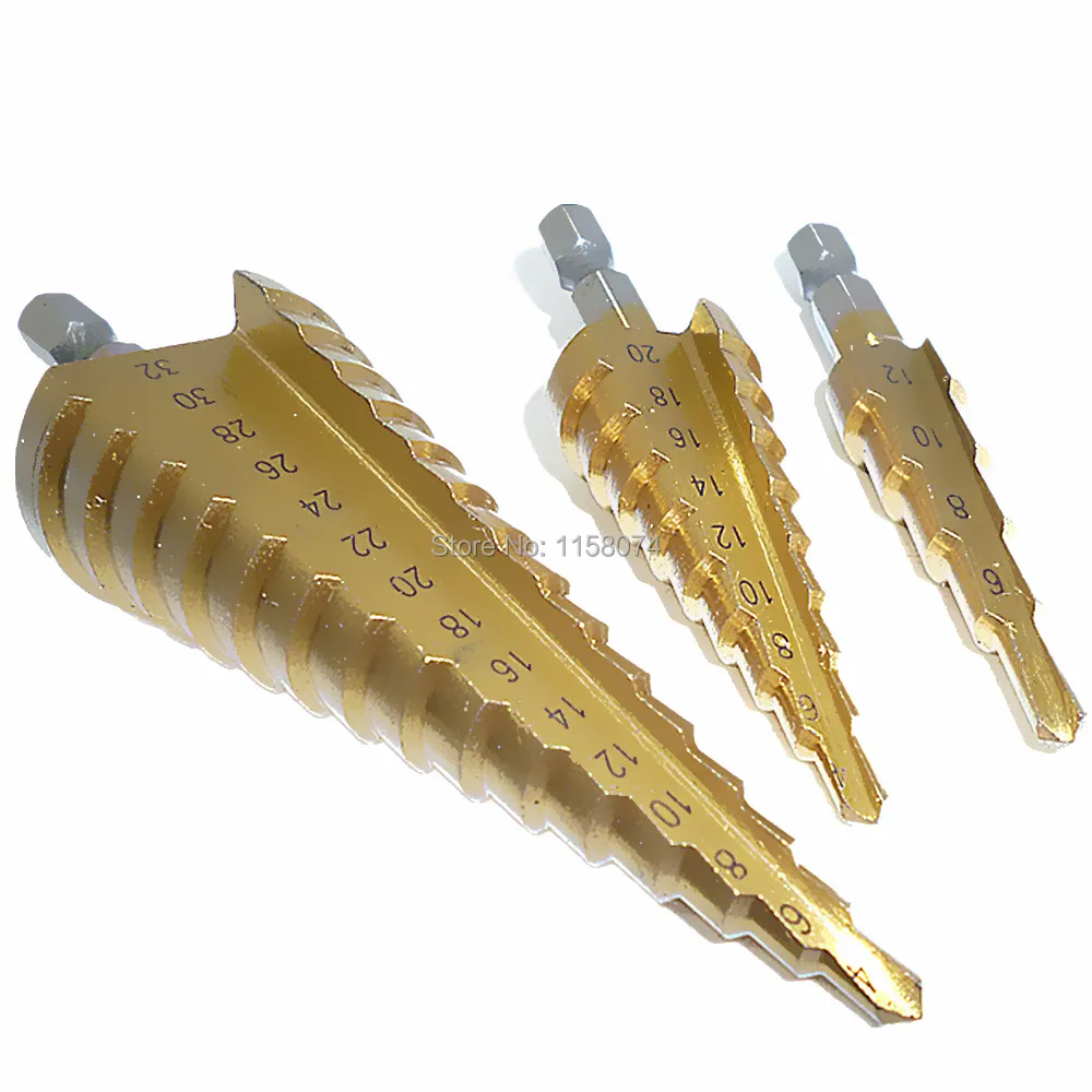 3pc 4 12/20/32mm Hss Hex Shank Step Cone Drill Bit Wood Pvc Metal Hole