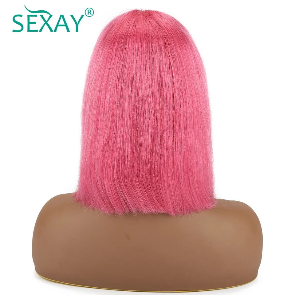 Sexay, розовые короткие парики из натуральных волос на кружеве, бразильские волосы remy, прямые парики из натуральных волос, парики из прозрачного кружева