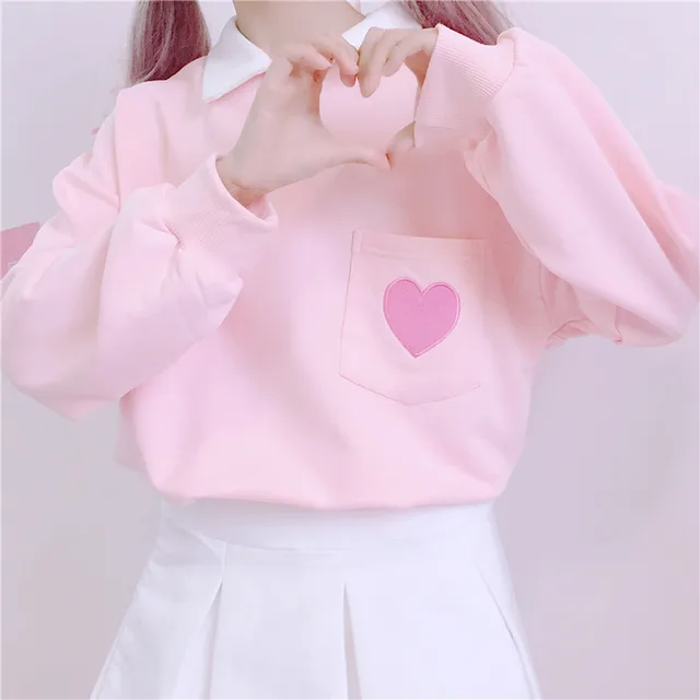 US $12.96 2018 Autumn Women top New Japanese loose pullover cute heart embroidery pocket stitching polp colla