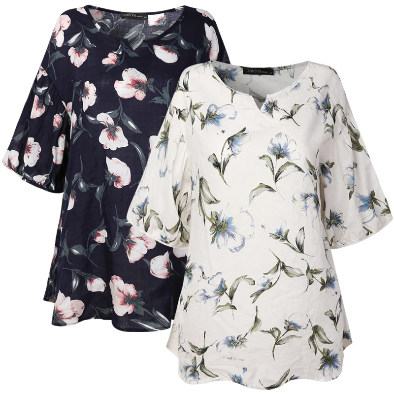 2019 New Summer Women Cotton Linen Top Blouse Soft Floral Print Loose Shirt Femme Casual O neck Plus Size Shirts Casual S-4XL