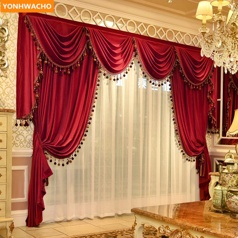 

Custom curtains high class European luxury modern red thick France velvet cloth blackout curtain tulle valance drapes N973
