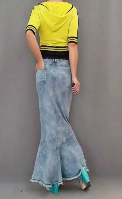 Новая мода длинная джинсовая юбка макси для женщин стиль русалки рыбий хвост Высокая талия ретро юбка с кисточками S-XL
