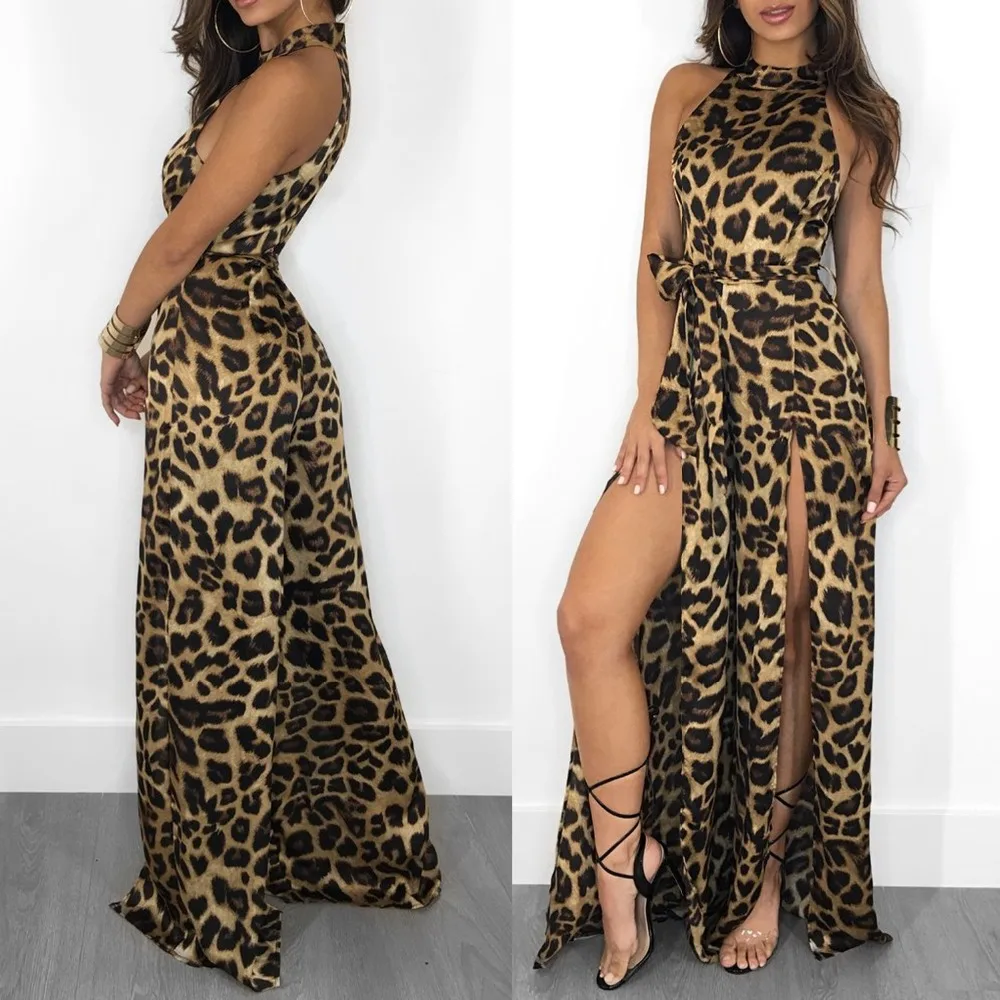 

2024 OMSJ Leopard Jumpsuit for Women Sexy Halter Skinny Body Suit Sleeveless Split Playsuit Female Spring Loose Wide Leg Rompers